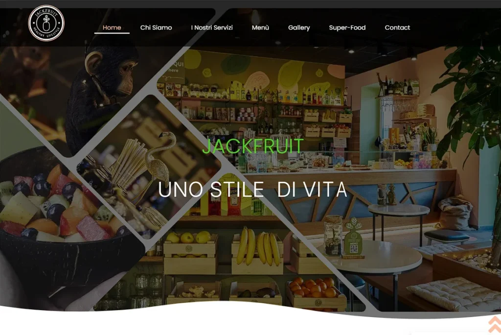 Hero section sito Jackfruit "Healthy-lifestyle", si vede il bancone del locale, con il nome e il motto del sito in sovraimpressione.